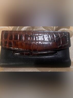 Vintage Brahmin Two-Tone Leather Tri-Fold Checkbook Wallet- Black & Brown Croc